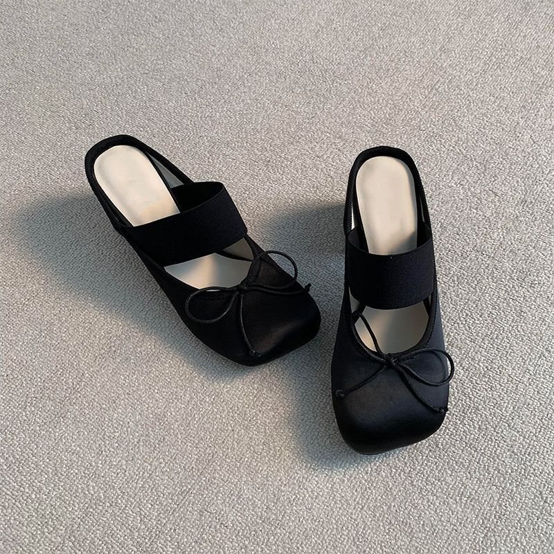 Jennie-Style Closed-Toe Half-Slippers for Women, Retro Bow Ballet Shoes, Hepburn-Style High-Heeled Sandals, Super Soft