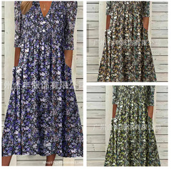 新型欧米の夏の婦人服のプリントのワンピースの独立駅のアマゾンの熱い販売のゆったりしているポケットの中で長いスカートの女性