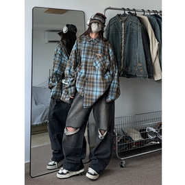 美式复古撞色格子长袖衬衫女春秋季新款宽松设计感小众外套衬衣潮