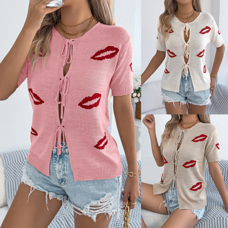 Real Shot of 2026 Spring and Summer Casual Sexy Lip Jacquard Lace-Up Knitwear Valentine's Day Amazon Cross-Border Women's Clothing