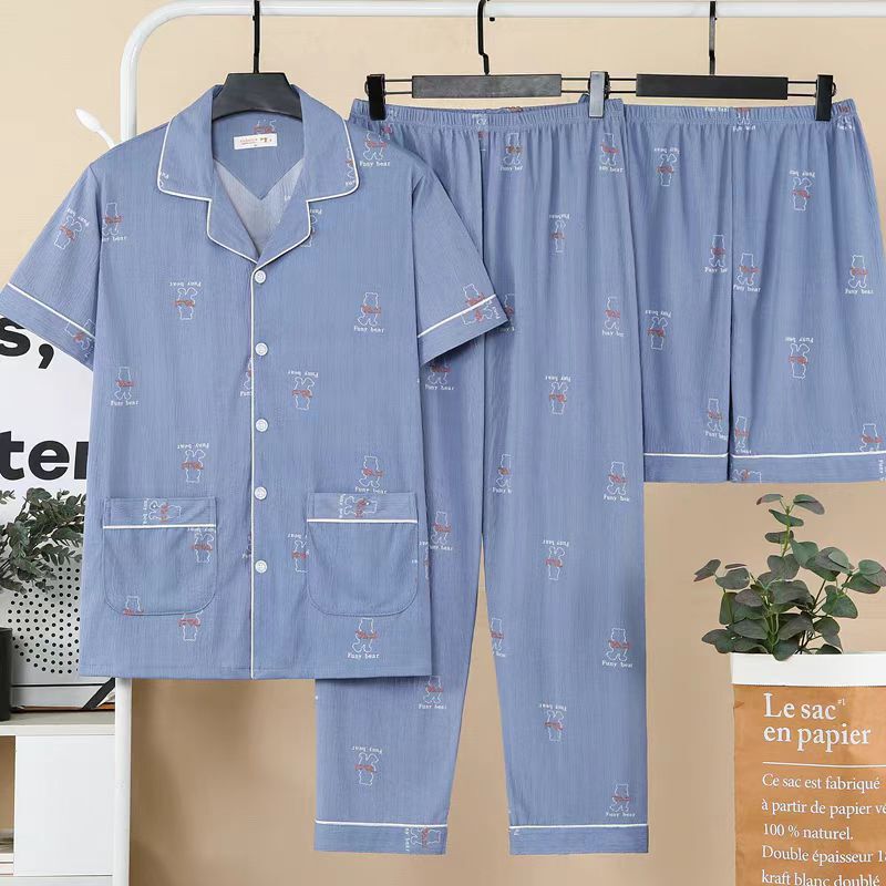 Pure Cotton Men's Short-Sleeved Pants Three-Piece Set 2025 New Summer 100% Cotton Tall Fashion Pajamas Home Clothes