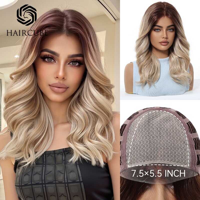 Frontal Mono Glueless Lace Synthetic Hair Wig, Fluffy Deep Brown Gradient Dyed Light Blonde, Full Wig, Stylish Medium-Length Hair Frontal Mono Glueless Lace Synthetic Hair Wig, Fluffy Deep Brown Gradient Dyed Light Blonde, Full Wig, Stylish Medium-Length Hair