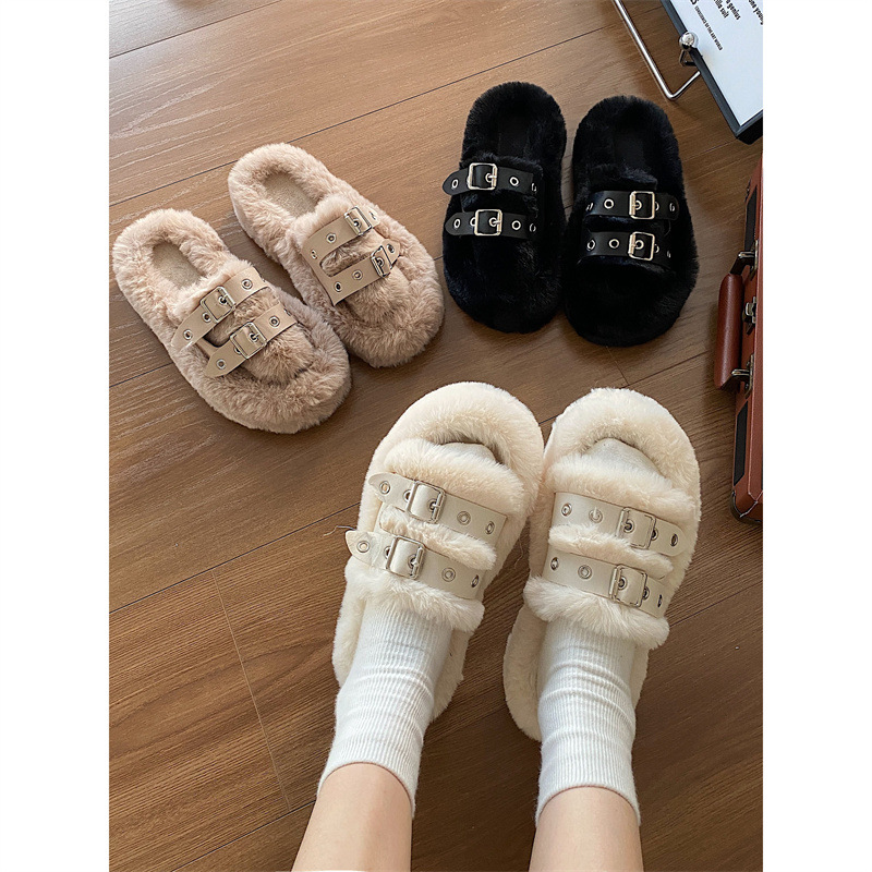Black Thick-soled Fur Slippers For Women For Summer Outdoor Wear High-end Fashion One-line Net Celebrity Non-slip Slippers