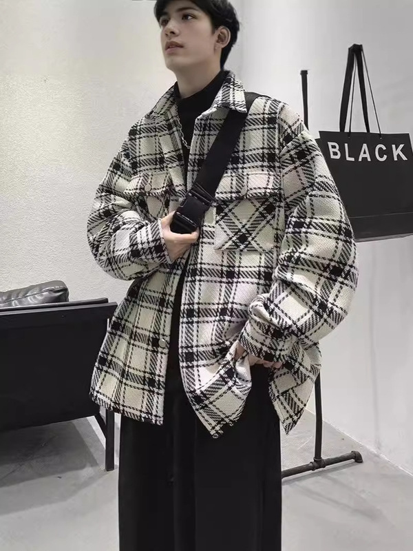 Light Mature Style Houndstooth Woolen Tooling Jacket Men's All-match Duffy Handsome Korean Style Fashionable Jacket for Youth Light Mature Style Houndstooth Woolen Tooling Jacket Men's All-match Duffy Handsome Korean Style Fashionable Jacket for Youth