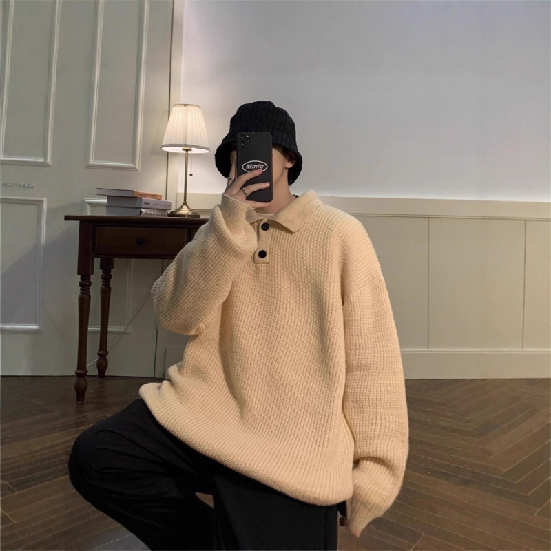 Japanese-Style Lazy Turn-Down Collar Knit Sweater for Men, Autumn and Winter Trendy High-End Knitwear, Hong Kong Style Versatile Long-Sleeve Solid Color Shirt