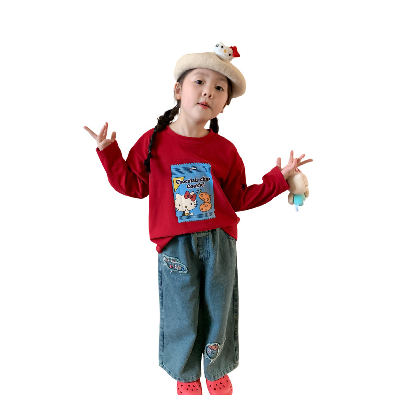 특별 통관 여자 바지 2024 가을 새 어린이 한국 캐주얼 스트레이트 청바지 여자 바지