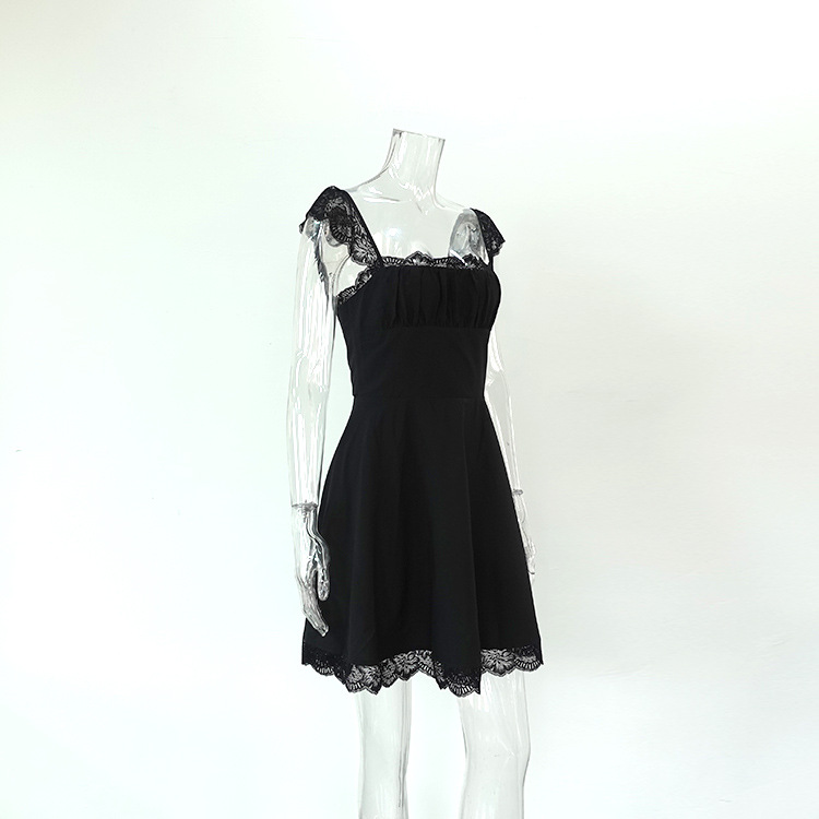 Elegant Lace Stitching Pleated Dress - Short Square Collar Cami Dress for Women - Ootddress