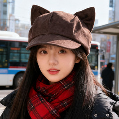 秋冬麂皮绒猫耳贝雷帽女复古显脸小八角帽休闲百搭潮网红画家帽子