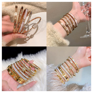 Titanium Steel Bracelet, Non-Fading, Baby's Breath Silver Bracelet, Women's Versatile, High-End, Fashionable, Full-Diamond Stainless Steel Plain Ring Bracelet