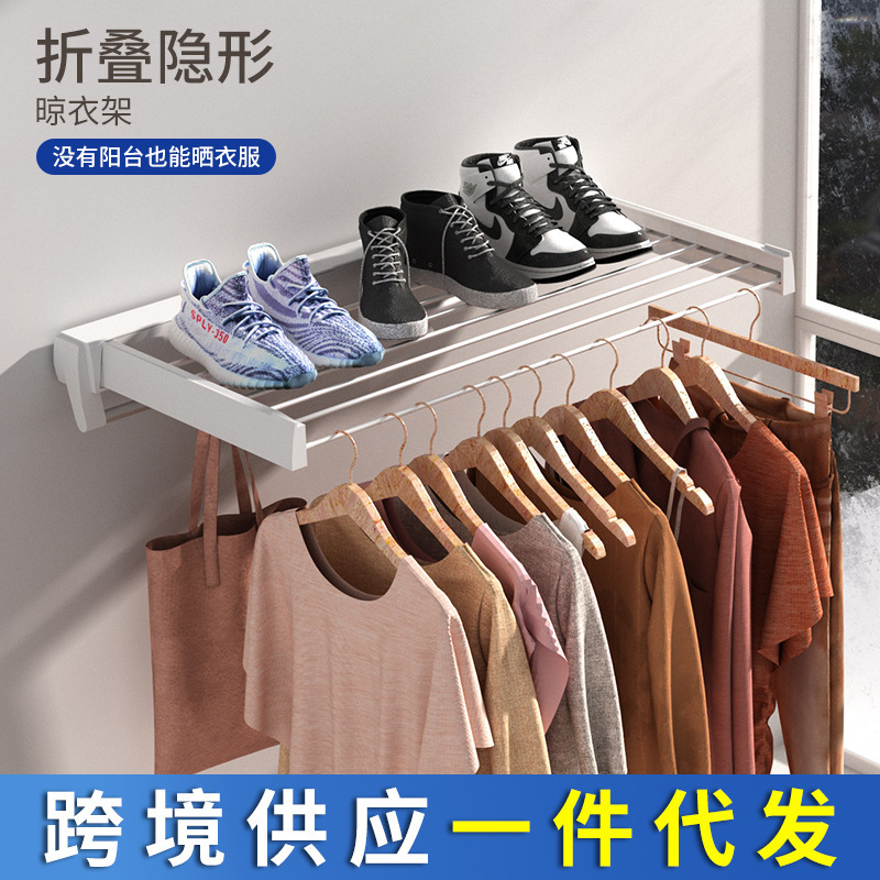 Cross-Border Wall-Mounted Invisible Retractable Bathroom Bathroom Towel Rack Aluminum Alloy Storage Rack Folding Punch-Free Clothes Drying Rod