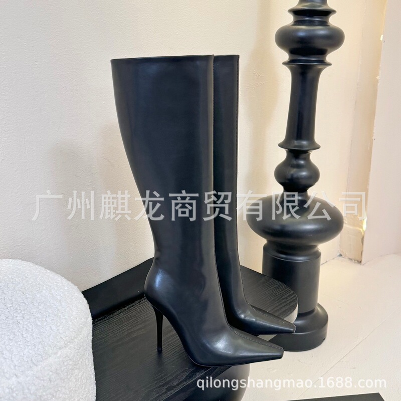 高端品质2025秋冬真皮尖头复古侧拉链细跟高跟显瘦高筒骑士靴长靴|undefined