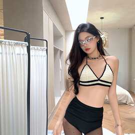 韩国ins风泳衣女分体比基尼性感小胸聚拢高腰遮肚显瘦针织游泳衣