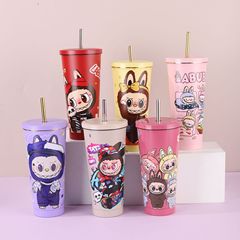 新しい漫画風保温カップ ステンレス製コーヒーカップ ダブルドリンク蓋 大容量ストローカップ アウトドアカップ