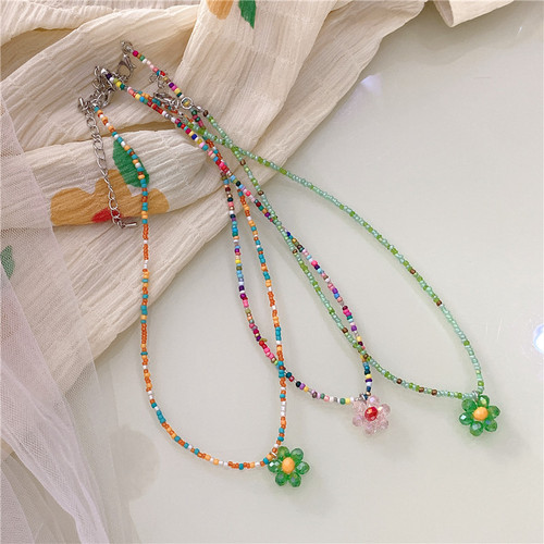 Korean retro color crystal necklace, Korean style INS style candy crystal necklace, cute and sweet flower necklace