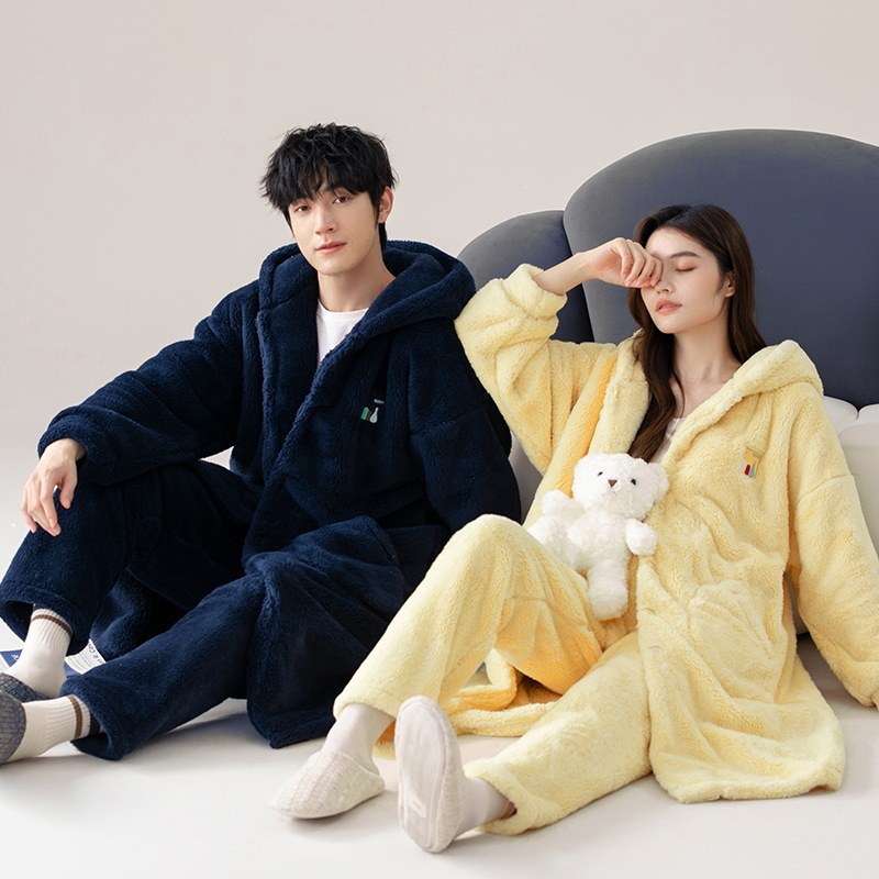 Otoño e Invierno pareja pijama de las mujeres de coral de lana engrosada de lana forrada de los hombres sueltos de franela homewear camisón traje