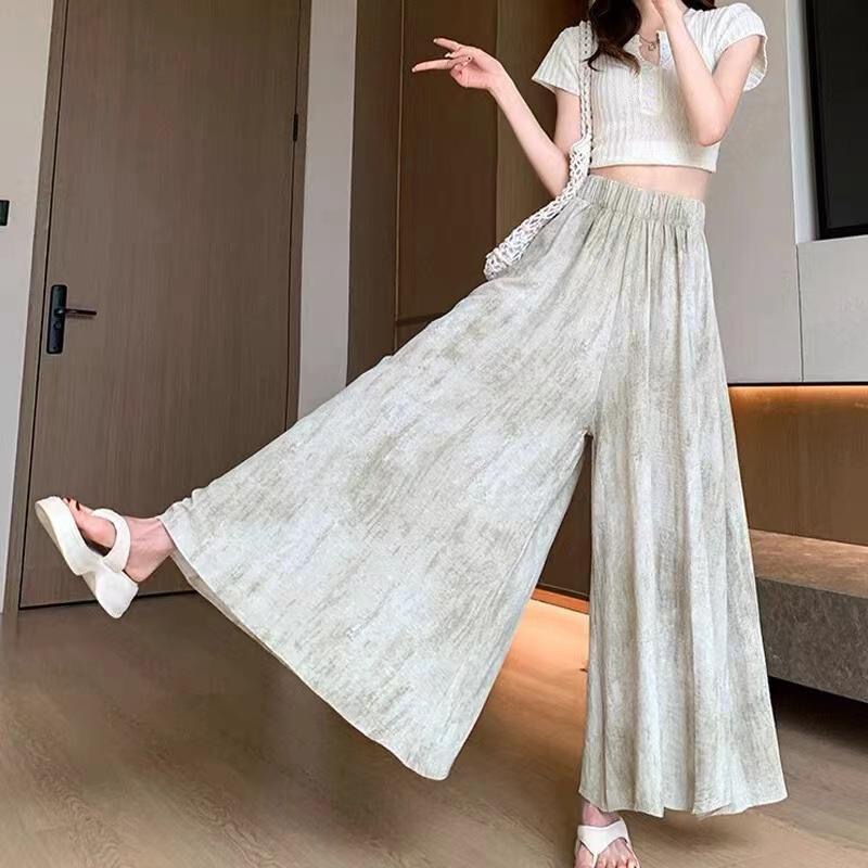 Guofeng Tie-Dye Culottes Women's Summer Thin 2025 New A- Line Skirt Casual Draping Ice Silk Wide Leg Pants
