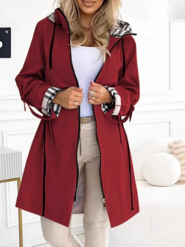 Демисезонное trench coat женское, с капюшоном, европейский стиль, молния и шнурок