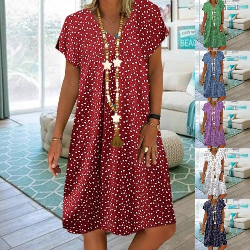 Cross-Border 2026 Summer New Style Wish Aliexpress Casual Short-Sleeved V Neck Top Polka Dot Heart Print Dress for Women