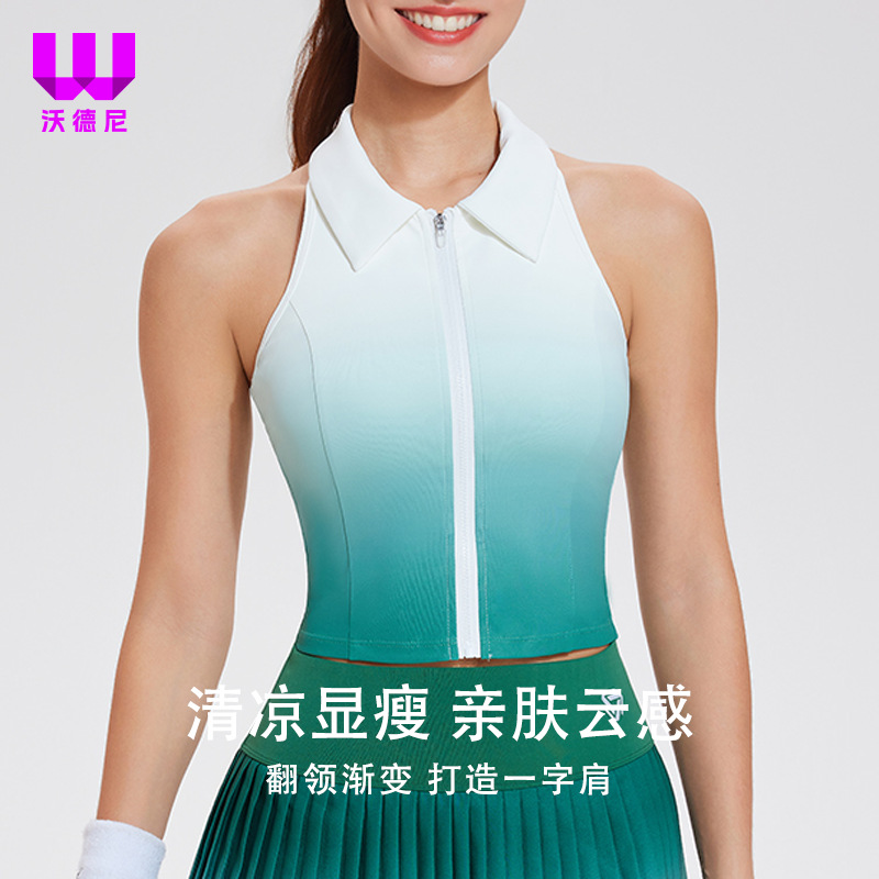 Uniforme de tenis transfronterizo Chaleco deportivo para mujer Chaleco sin mangas transpirable de secado rápido Chaleco de solapa degradado con cuello POLO
