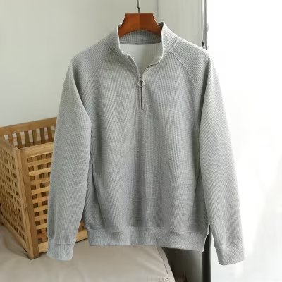 Solid Color Polo Shirt Men's Loose Half Zipper Waffle Sweater
