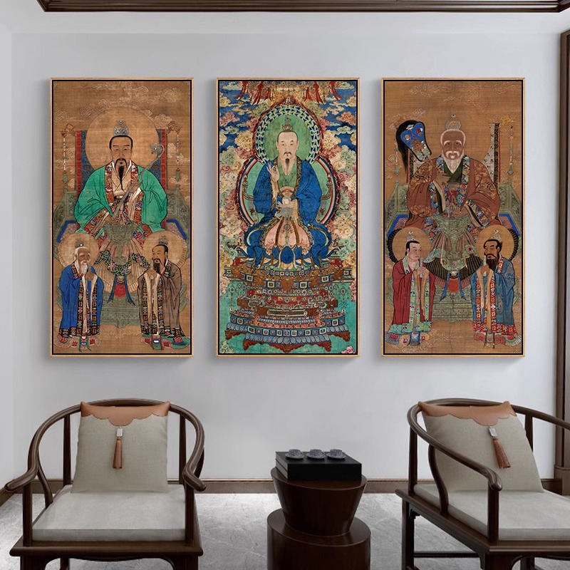 Portrait of the Three Pure Ancestors Hanging Painting, Yuansheng Ti Zun Rural Hall Central Hall Painting, Taoist Ancestors Living Room Mural