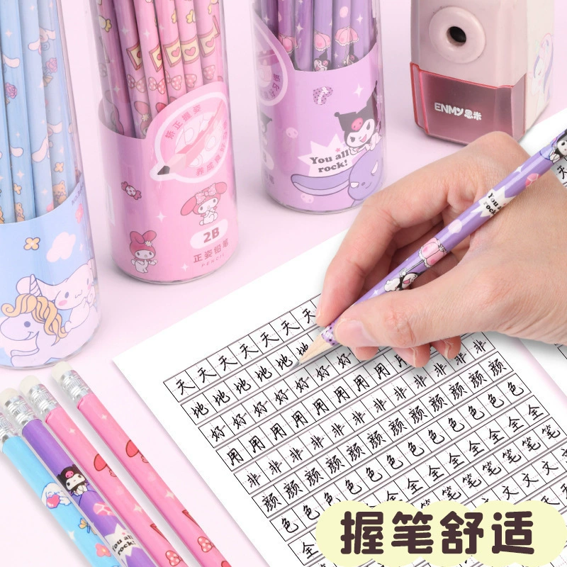 Карандаши Kuromi Kindergarten, 30 шт., 2B, в бочонке, для младших школьников, с ластиком, для экзаменов и карточек, в мультяшном дизайне.