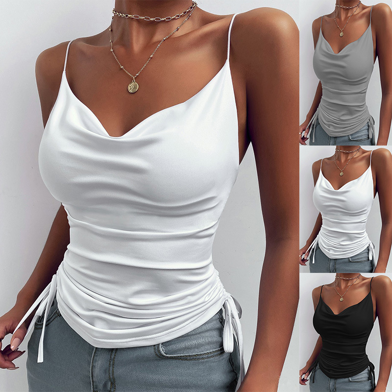 Solid Color Deep V-Neck Tight-Fitting Drawstring Sling Vest NSLZ104463