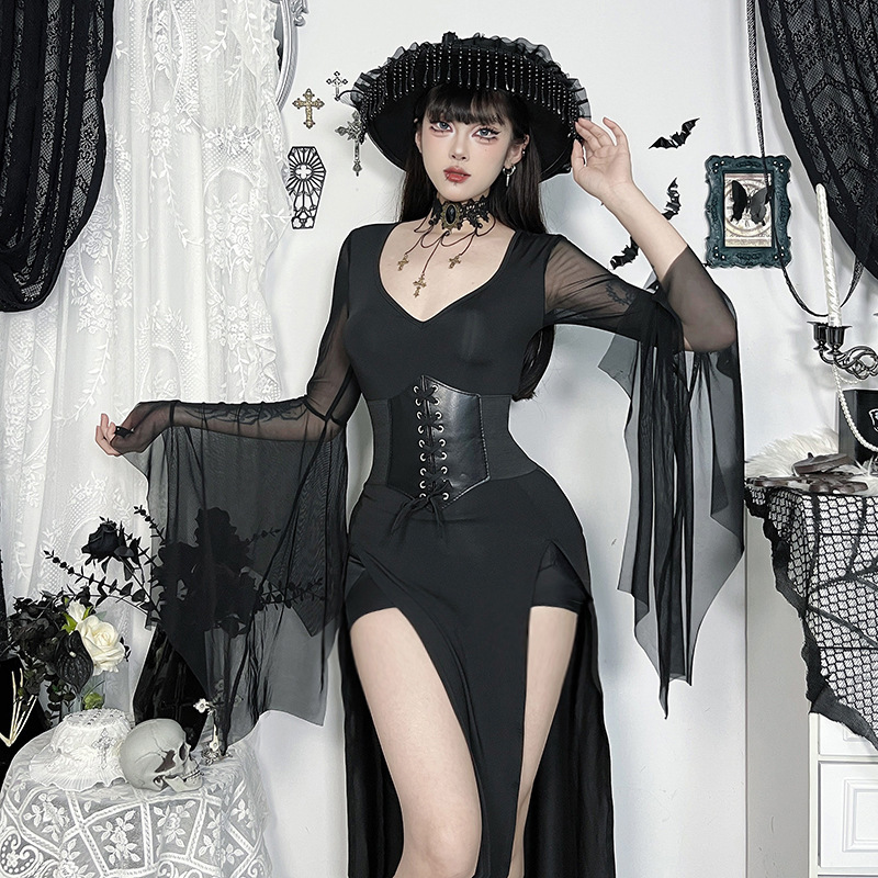 CF25081 Diablo Gothic Adams Mesh Sleeves dress 2025 New Sexy Slim Dress Women