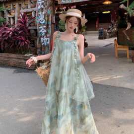 独特漂亮网纱拼接绿色晕染雪纺吊带连衣裙女绝美仙气森系度假长裙