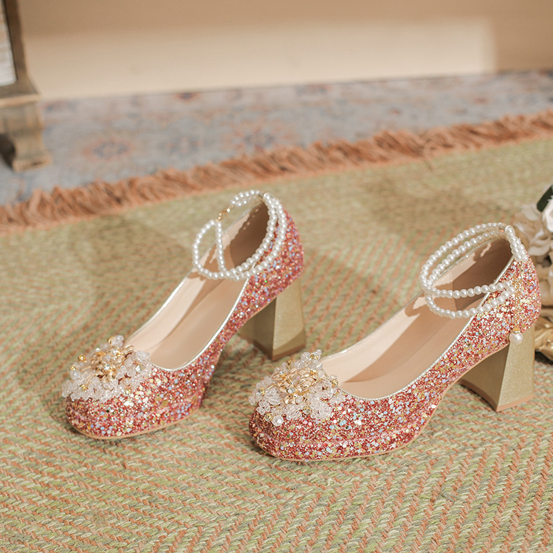 Wedding Shoes Xiuhe Wedding Dress Two-Wear Small Waterproof Platform Bridal Shoes High Heels Women's Thick Heel 9cm Square Toe Rhinestone Shoes