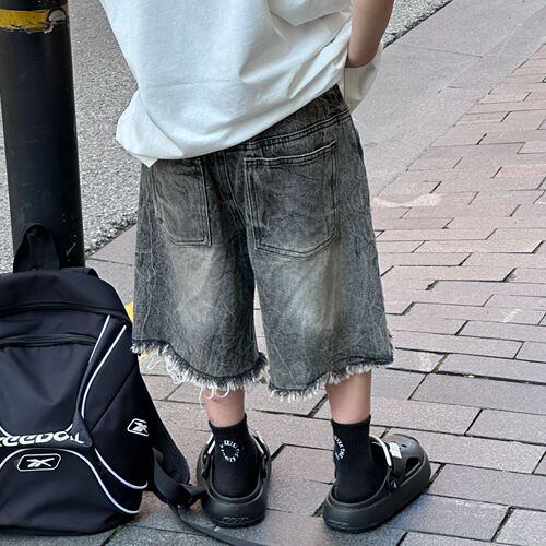 Tairu 2024 new summer style Korean style boys' fashion versatile tie-dye style jeans children's raw edge shorts trendy