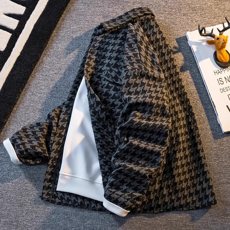 American Retro Houndstooth Wool Jacket Men's Loose Casual Jacket Chanel Style Top Home Figure# XXF007 American Retro Houndstooth Wool Jacket Men's Loose Casual Jacket Chanel Style Top Home Figure# XXF007