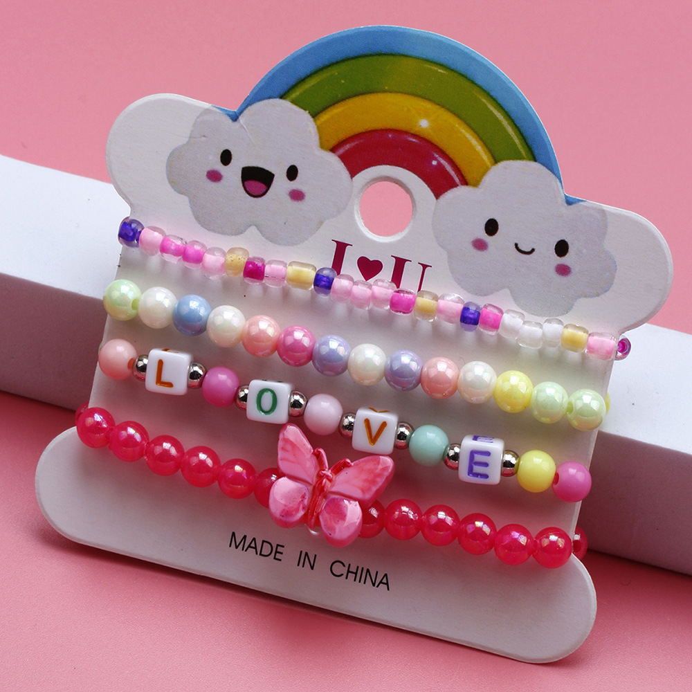 Acrylic Color Beaded Rose Red Butterfly Bracelet Set