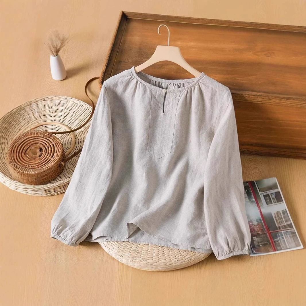 Женский национальный стиль литературного сплошного цвета с круглым вырезом свободный с длинными рукавами топ летний новый ретро высокий темперамент свободный T