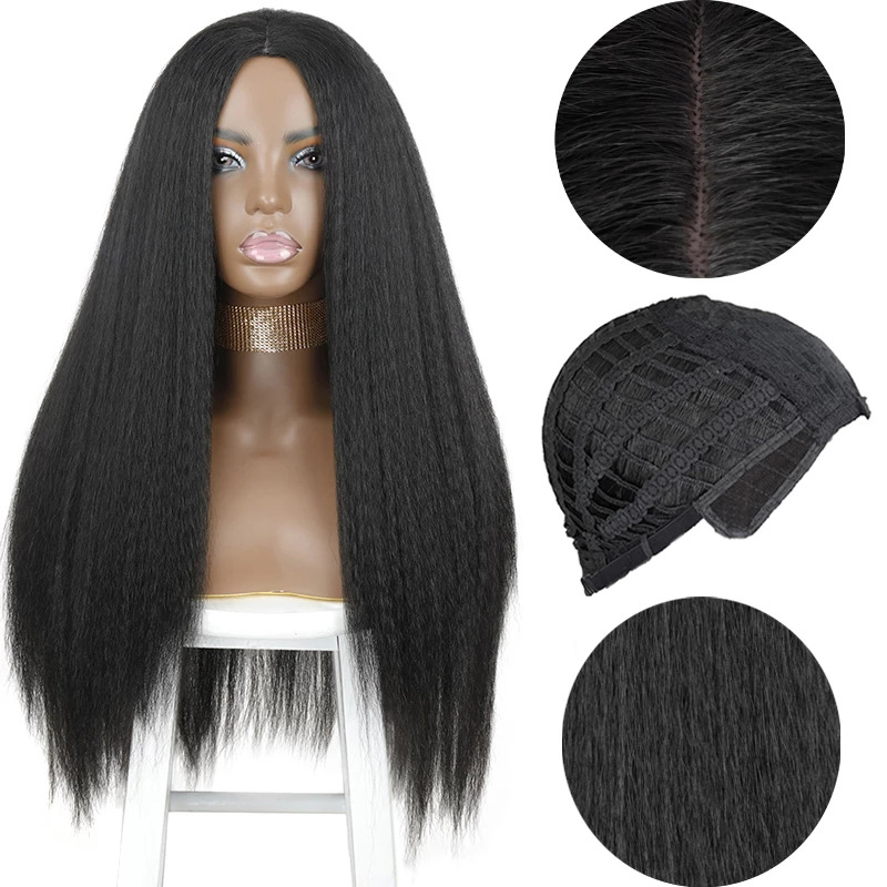 Peluca transfronteriza de moda europea y americana de las mujeres de fibra química sombrero negro de longitud media pelo liso yaki fabricante en stock