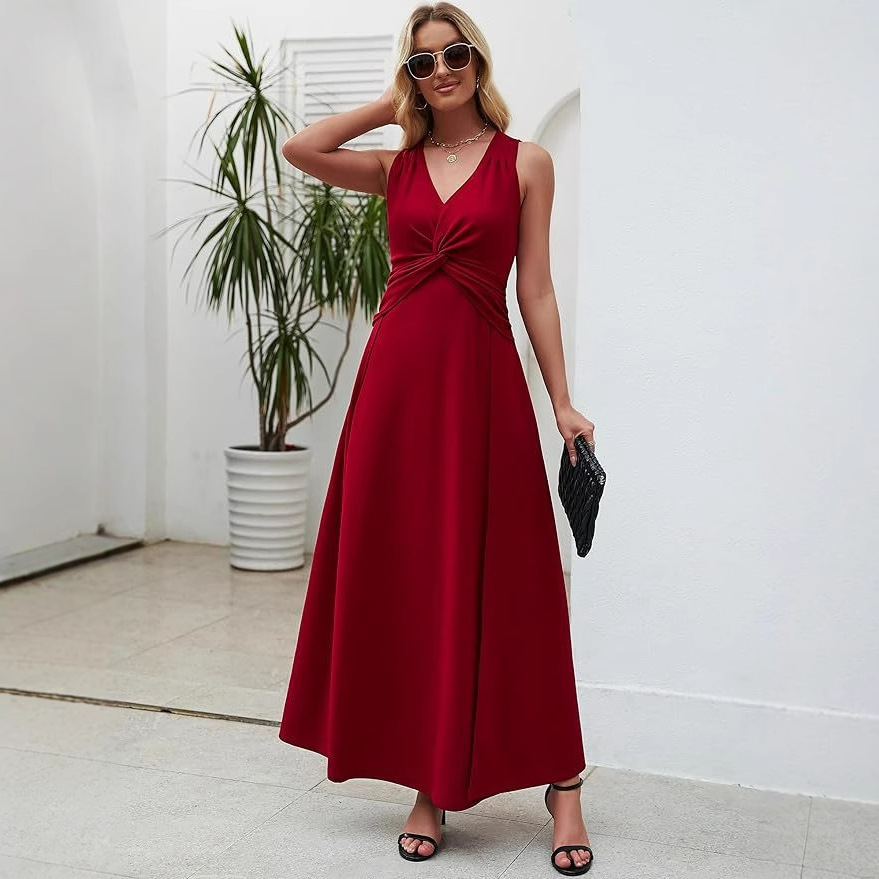 Vestido de invitado de boda para mujer transfronteriza europea y americana vestido formal con cuello en V vestido de noche sin mangas para mujer