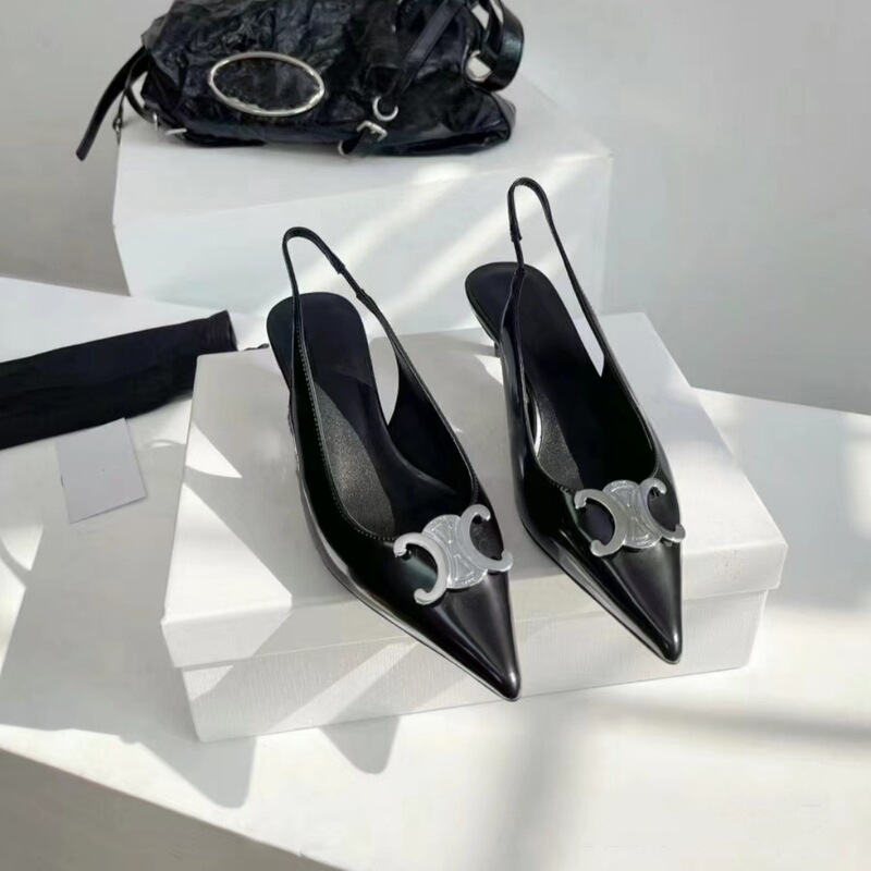 2024 New French Pointed Toe Sexy High Heel Toe Metal Buckle Commuter All-match Arc de Triomphe Kitten Heel Sandals for Women