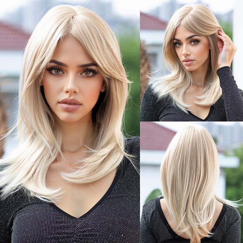 16 inch short wavy Gradient Golden wig with bangs synthetic fiber curly hair for daily party Chemical Fiber wig