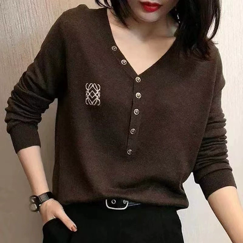 Трансграничная двусторонняя футболка Derong с тонким и уменьшением возраста, нижняя рубашка, женская весенняя и осенняя стройная рубашка с длинными рукавами и V-образным вырезом