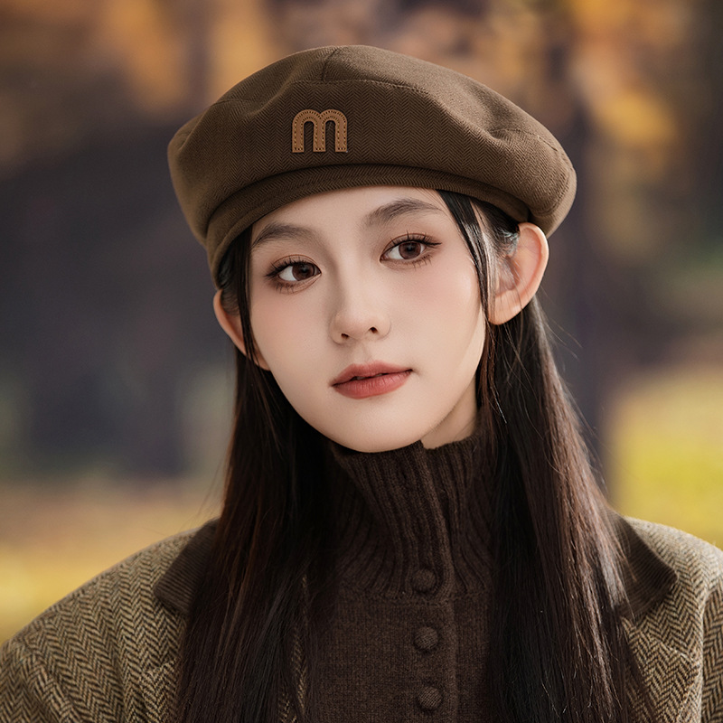 字母刺绣复古洋气南瓜帽女冬季斜纹时尚保暖贝雷帽气质潮搭画家帽|undefined