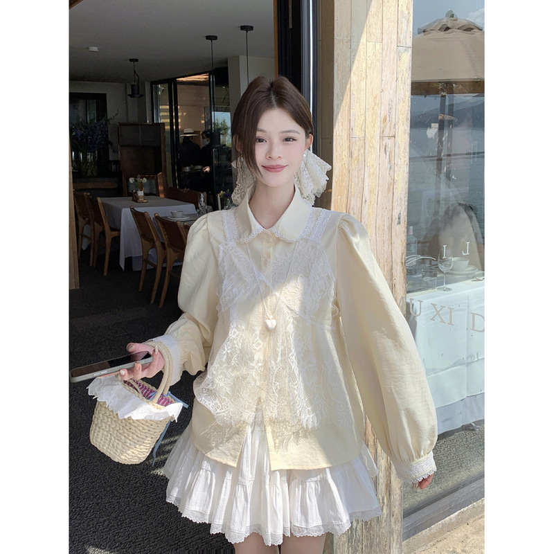 French Temperament Heavy Industry Lace Sling Milk Yellow Shirt 2025 Spring New Women's Sweet Design Top