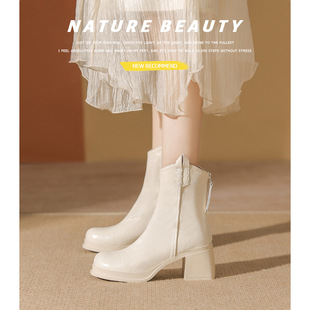 Small Boots Women's Autumn and Winter Thick Heel Ankle Boots 2024 Autumn and Winter White Heel Boots Leather Boots Martin Boots