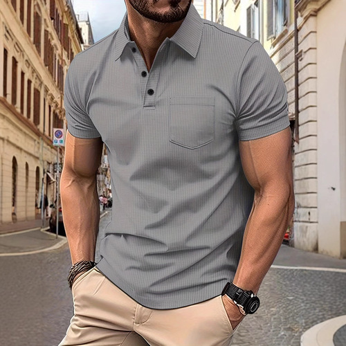 2025 Fashion Checked Solid Color Casual Sport Short Sleeve Polished Polo Shirt