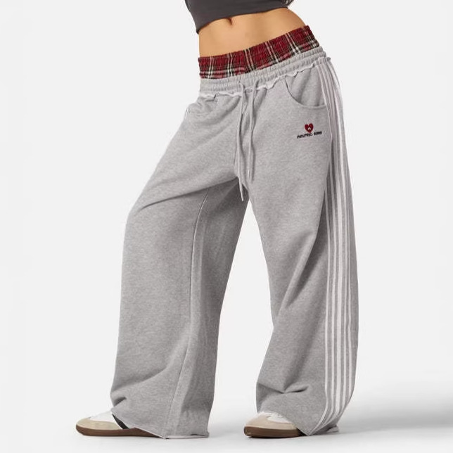 Pantalones Deportivos con Bordado y Efecto Dos Piezas para Mujer de Algodón Holgados para Deportes y Uso Casual