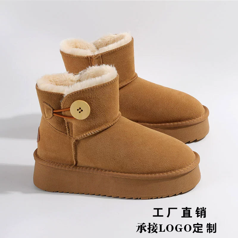 Женские зимние ботинки из натуральной кожи с круглой пряжкой, новинка 2025 года, короткие зимние сапоги, универсальные флисовые хлопковые туфли в корейском стиле, лоферы.