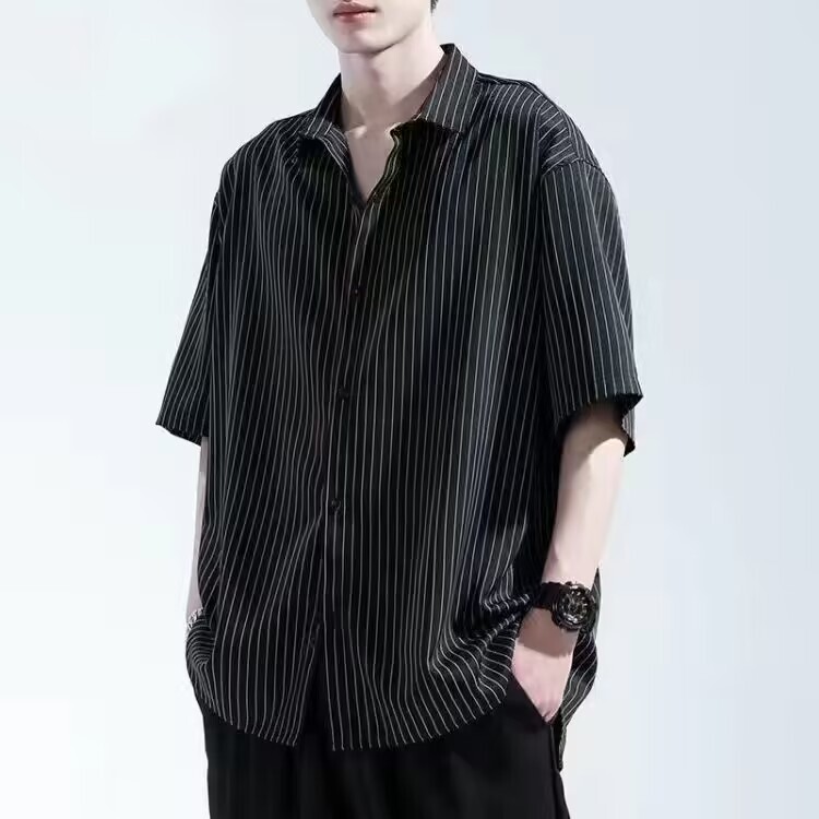 Ice Silk Striped Five-Quarter Sleeve Shirt for Men, Casual Thin Loose Black Short-Sleeve Top, Summer Men's Thin Shirt