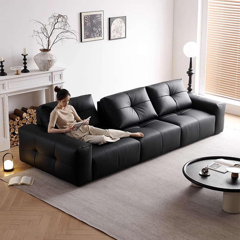 Sofá de píxeles italiano minimalista pequeño tipo de casa ajustable respaldo grande sofá de asiento profundo sofá de cuero negro línea recta
