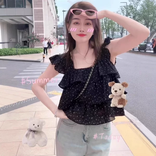 French Style Sweet Wave Dot Small Flying Sleeve Shirt Women's Summer Design Sense Age-reducing Square Collar Chiffon Doll Shirt Short Top