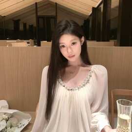 重工珍珠亮片抽褶露背雪纺衬衫系带纯欲上衣