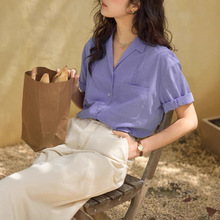 法式桑蚕丝古巴领短袖衬衫女夏季